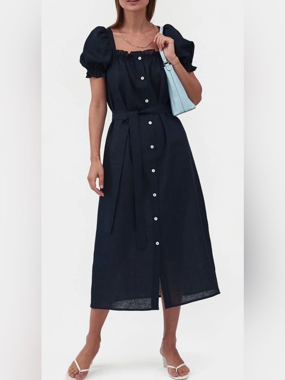 SLEEPER Brigitte Linen Navy Blue Puff Sleeve Button Front Belt Midi Dress Size S